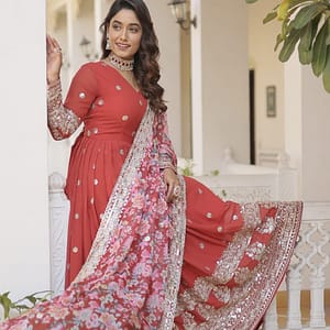 Anarkali Flared Gown with Dupatta - Faux Georgette with Embroidery Zari Sequins - Image 3