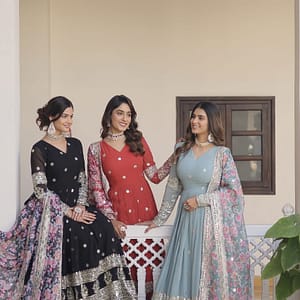 Anarkali Flared Gown with Dupatta - Faux Georgette with Embroidery Zari Sequins