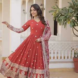 Anarkali Flared Gown with Dupatta - Faux Georgette with Embroidery Zari Sequins - Image 4