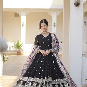 Anarkali Flared Gown with Dupatta - Faux Georgette with Embroidery Zari Sequins - Image 2