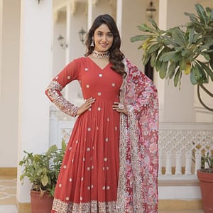 Anarkali Flared Gown with Dupatta - Faux Georgette with Embroidery Zari Sequins - Image 5