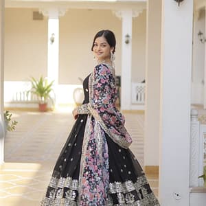 Anarkali Flared Gown with Dupatta - Faux Georgette with Embroidery Zari Sequins - Image 6