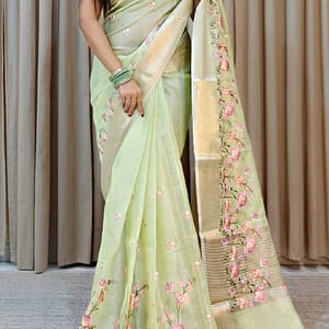 Beautiful Linen Soft Tissue Saree - Embriodery Work All Over with a Silver Border - Image 2