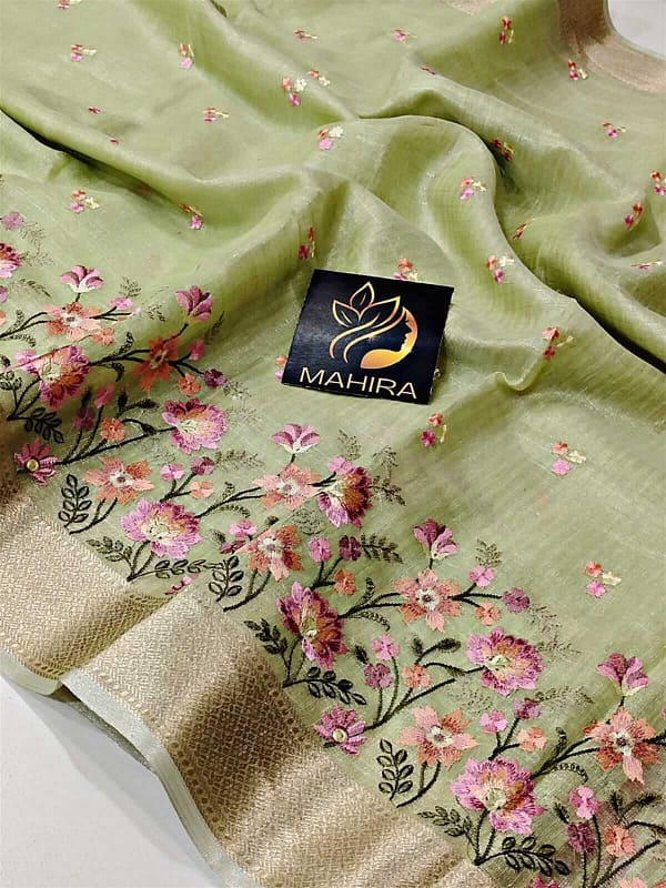 Beautiful Linen Soft Tissue Saree - Embriodery Work All Over with a Silver Border