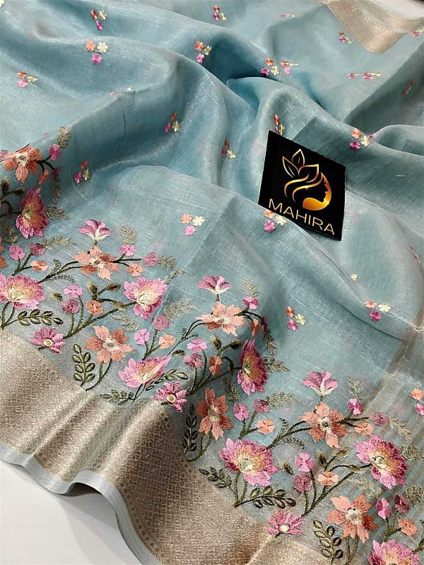 Beautiful Linen Soft Tissue Saree - Embriodery Work All Over with a Silver Border