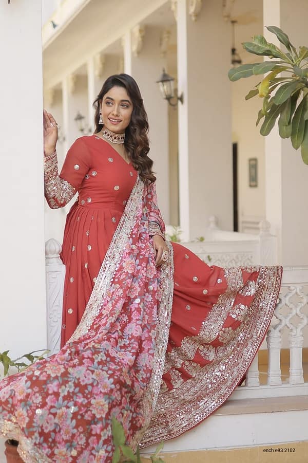 Anarkali Flared Gown with Dupatta - Faux Georgette with Embroidery Zari Sequins - Image 3