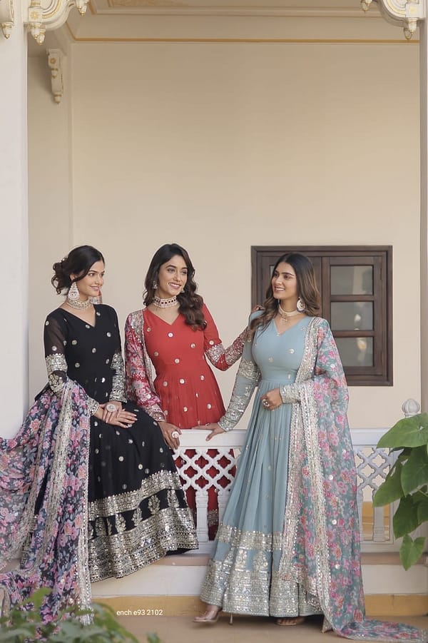 Anarkali Flared Gown with Dupatta - Faux Georgette with Embroidery Zari Sequins - Image 1