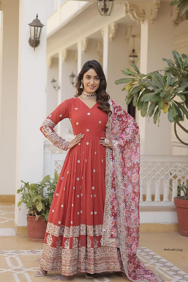 Anarkali Flared Gown with Dupatta - Faux Georgette with Embroidery Zari Sequins - Image 5