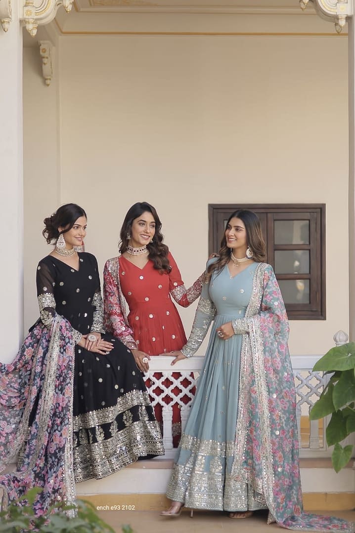 Anarkali Flared Gown with Dupatta - Faux Georgette with Embroidery Zari Sequins - Image 1