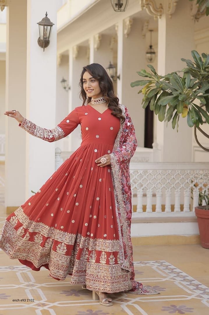Anarkali Flared Gown with Dupatta - Faux Georgette with Embroidery Zari Sequins - Image 4