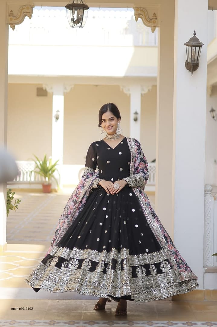 Anarkali Flared Gown with Dupatta - Faux Georgette with Embroidery Zari Sequins - Image 2