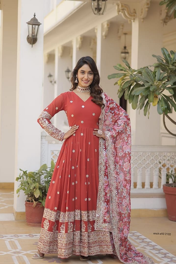 Anarkali Flared Gown with Dupatta - Faux Georgette with Embroidery Zari Sequins - Image 5