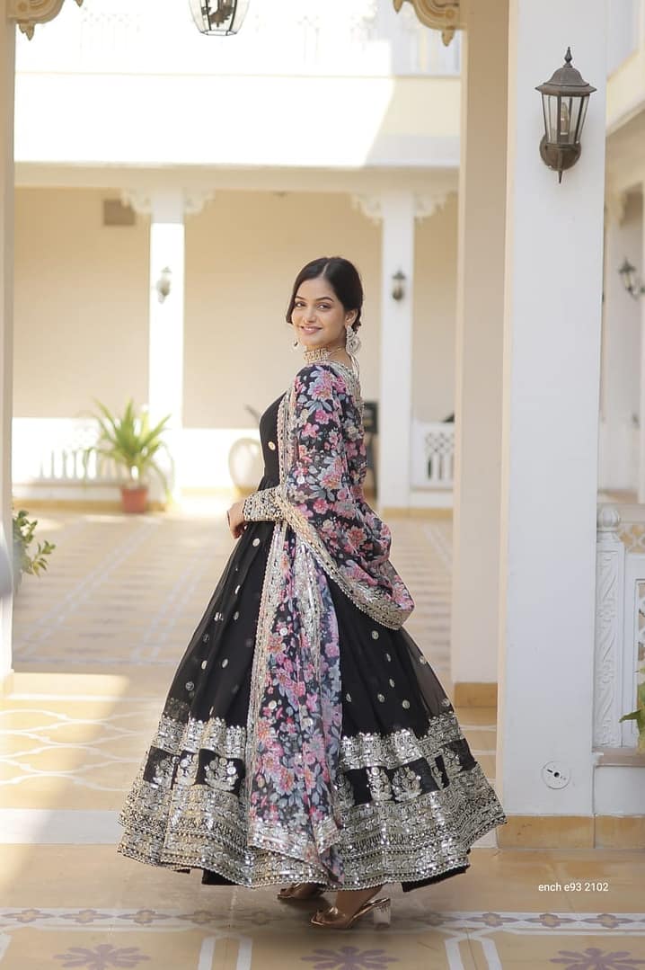 Anarkali Flared Gown with Dupatta - Faux Georgette with Embroidery Zari Sequins - Image 6