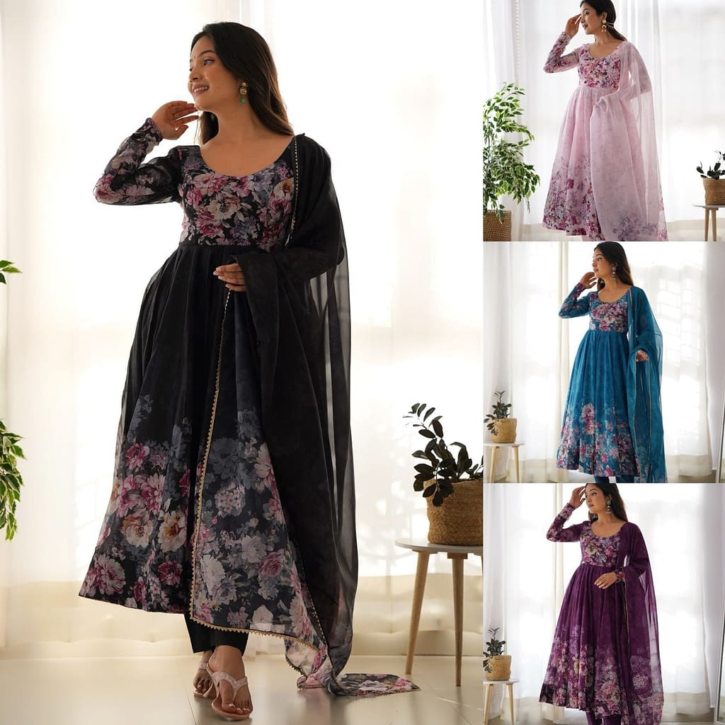 Fully Stitched Organza Silk Indian Traditional Anarkali Gown with Dupatta and Pant
