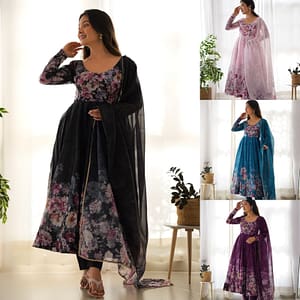 Fully Stitched Organza Silk Indian Traditional Anarkali Gown with Dupatta and Pant - Image 1