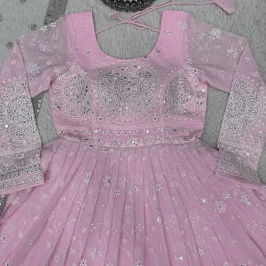 Faux Georgette Anarkali Gown With Dupatta and Pant - Image 2
