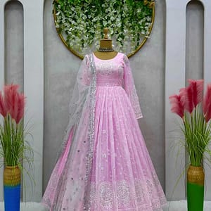 Faux Georgette Anarkali Gown With Dupatta and Pant