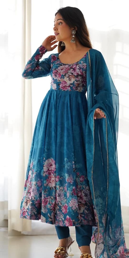 Fully Stitched Organza Silk Indian Traditional Anarkali Gown with Dupatta and Pant