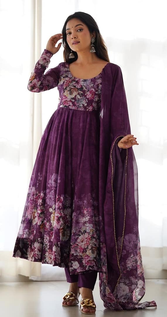 Fully Stitched Organza Silk Indian Traditional Anarkali Gown with Dupatta and Pant