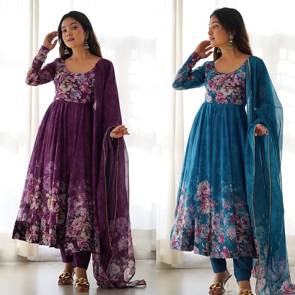 Fully Stitched Organza Silk Indian Traditional Anarkali Gown with Dupatta and Pant