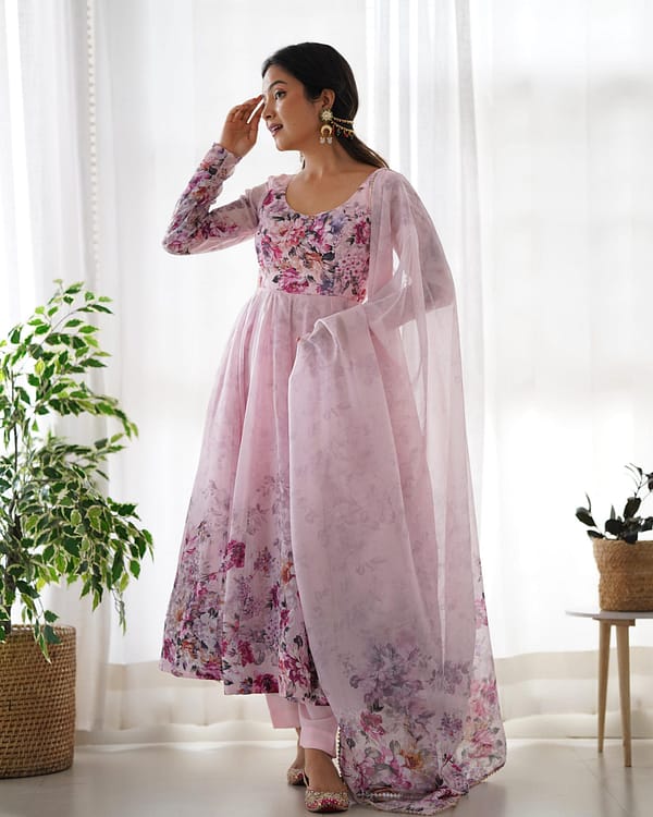 Fully Stitched Organza Silk Indian Traditional Anarkali Gown with Dupatta and Pant