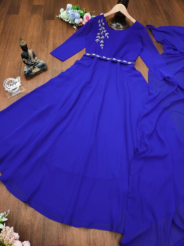 Faux Georgette Gown with Dupatta and Belt