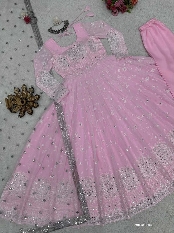 Faux Georgette Anarkali Gown With Dupatta and Pant