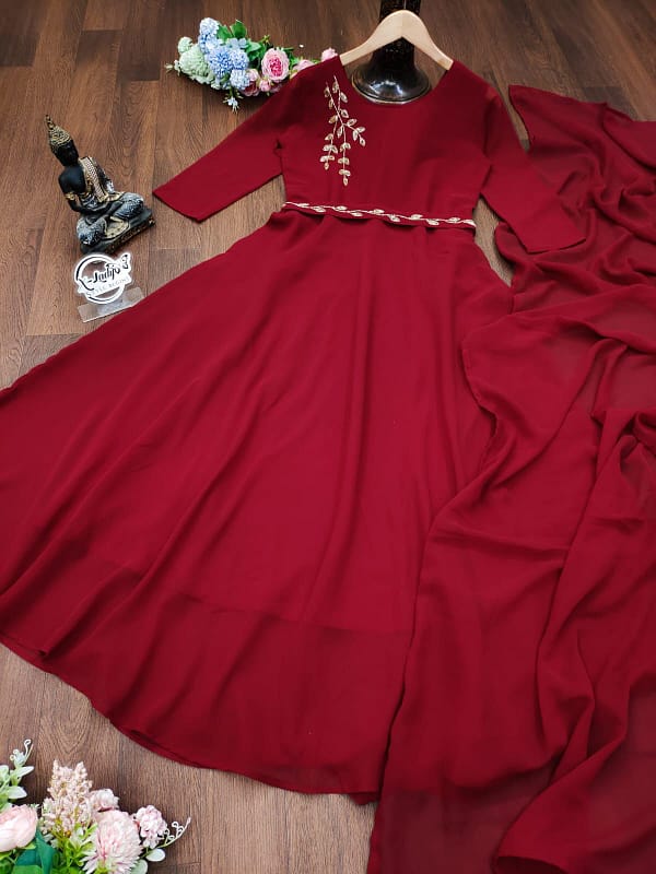 Faux Georgette Gown with Dupatta and Belt