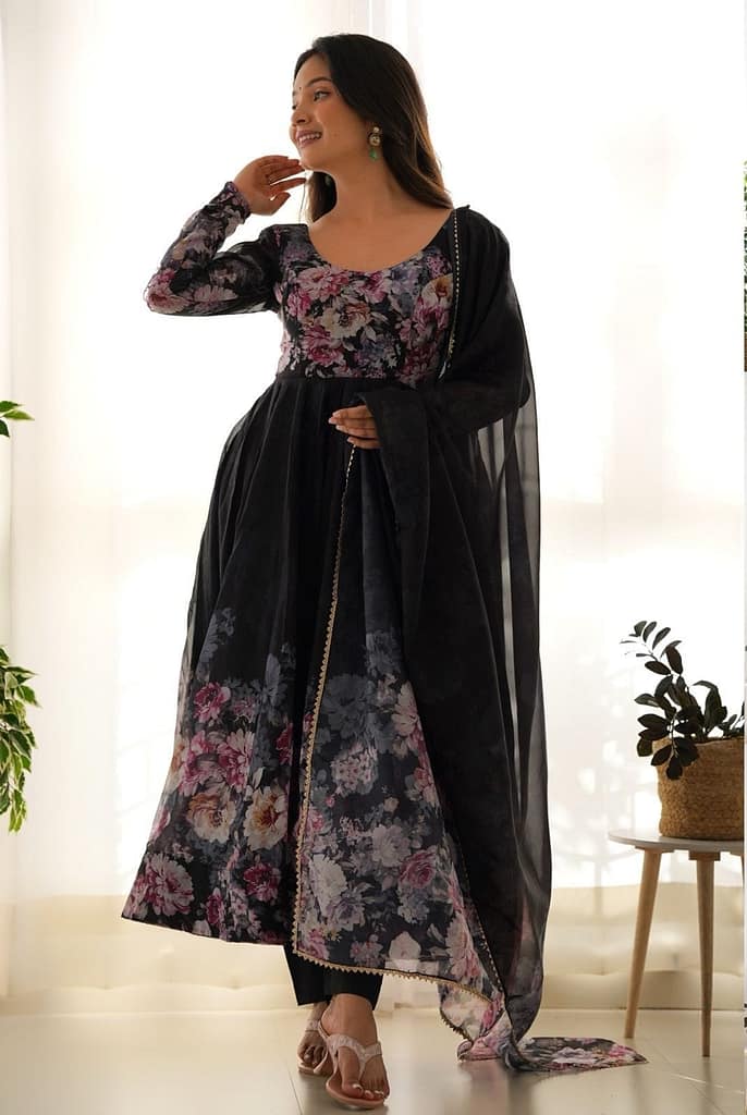 Fully Stitched Organza Silk Indian Traditional Anarkali Gown with Dupatta and Pant