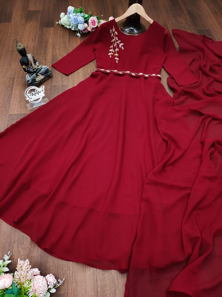 Faux Georgette Gown with Dupatta and Belt