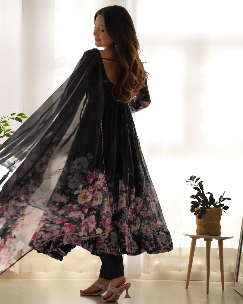 Fully Stitched Organza Silk Indian Traditional Anarkali Gown with Dupatta and Pant