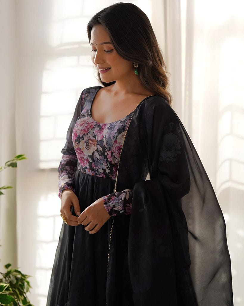 Fully Stitched Organza Silk Indian Traditional Anarkali Gown with Dupatta and Pant