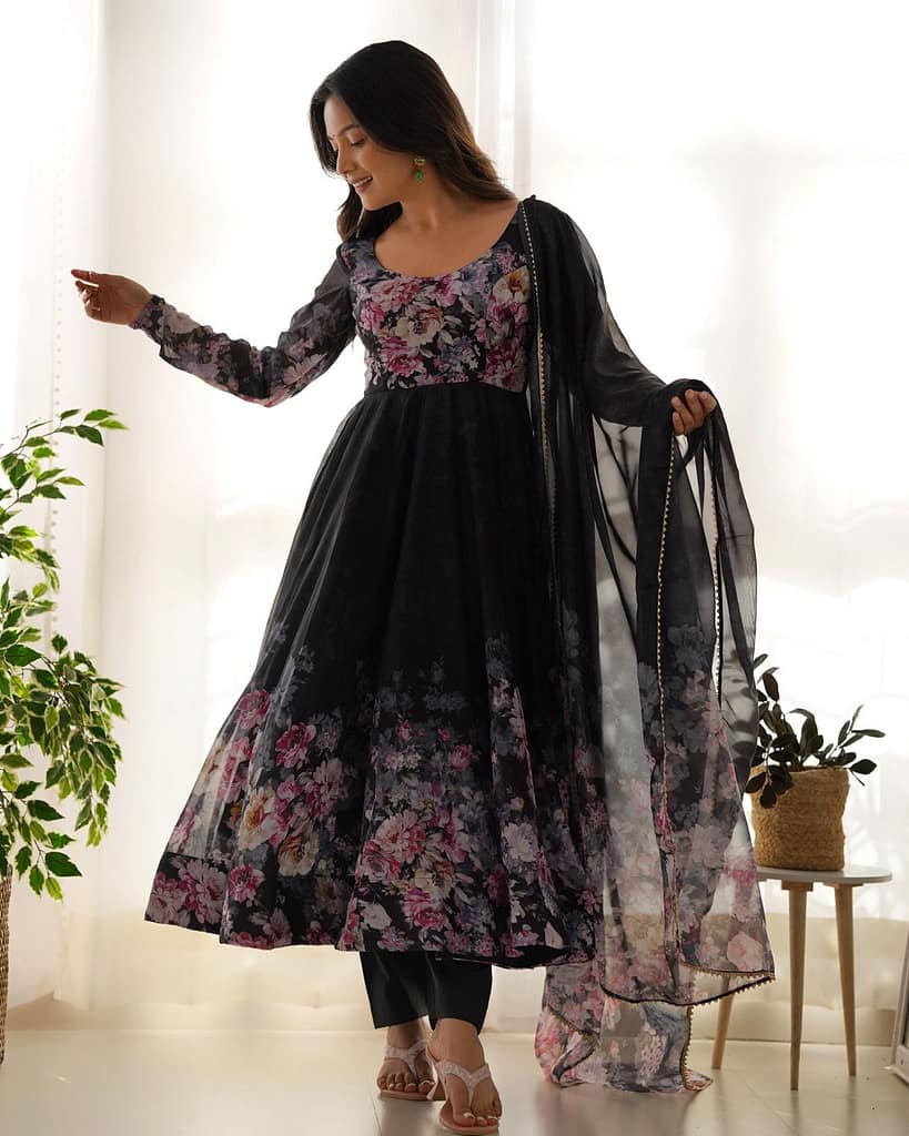 Fully Stitched Organza Silk Indian Traditional Anarkali Gown with Dupatta and Pant